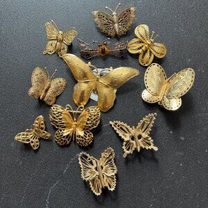 Gold Tone Butterfly Brooch Set
